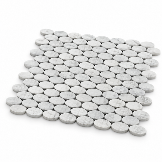 Carrara White Tumbled Marble Ellipse Mosaic Tiles — angled sheet showing 10 mm marble edges and mesh backing