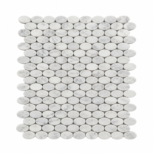 Carrara White Tumbled Marble Ellipse Mosaic Tiles — full mesh-backed sheet on a white background
