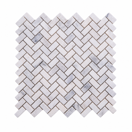 Carrara White Tumbled Marble Herringbone Mosaic Tiles — full mesh-backed sheet on a white background