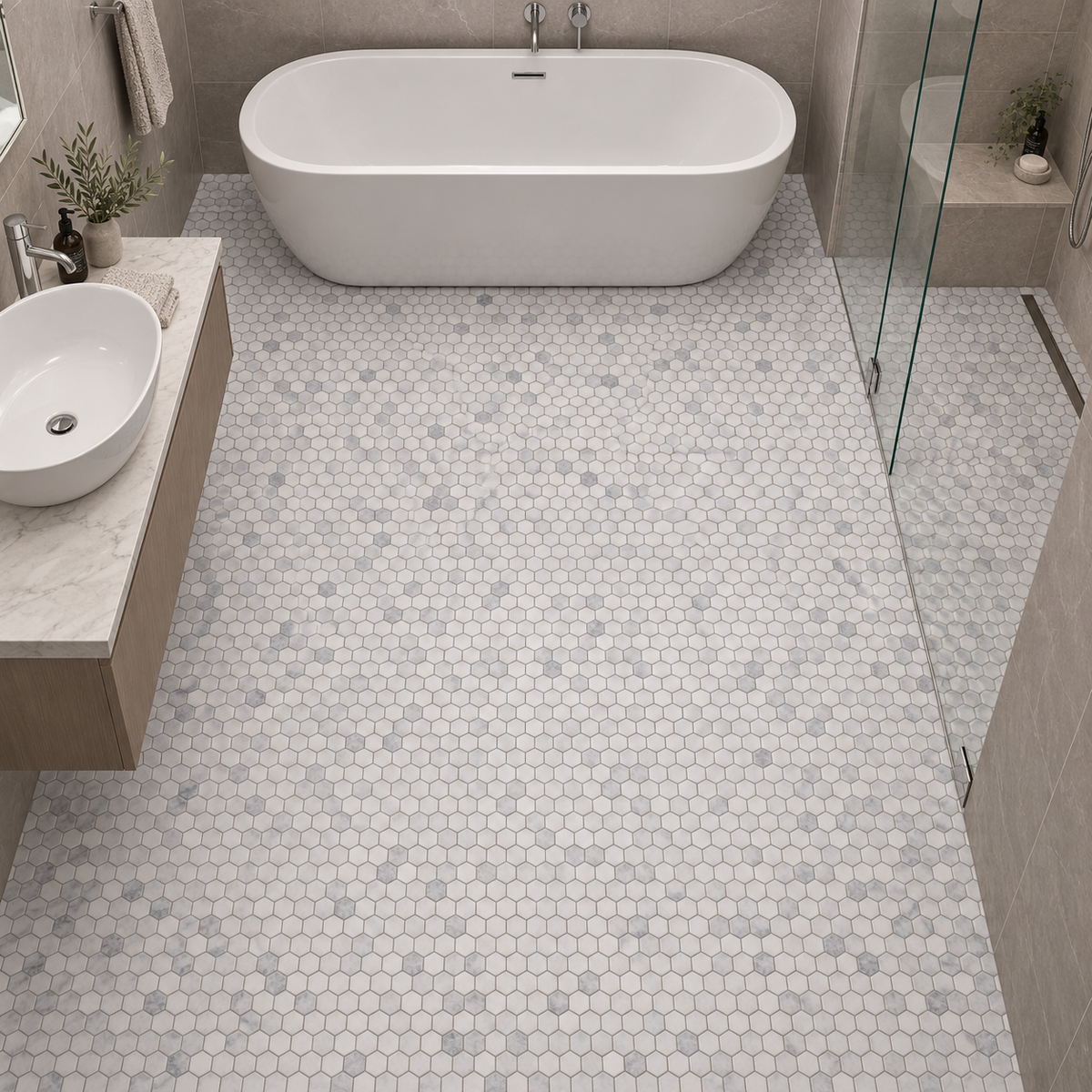 Carrara White Tumbled Marble Hexagon Mosaic Tile 23x23 — installed as bathroom mosaic flooring