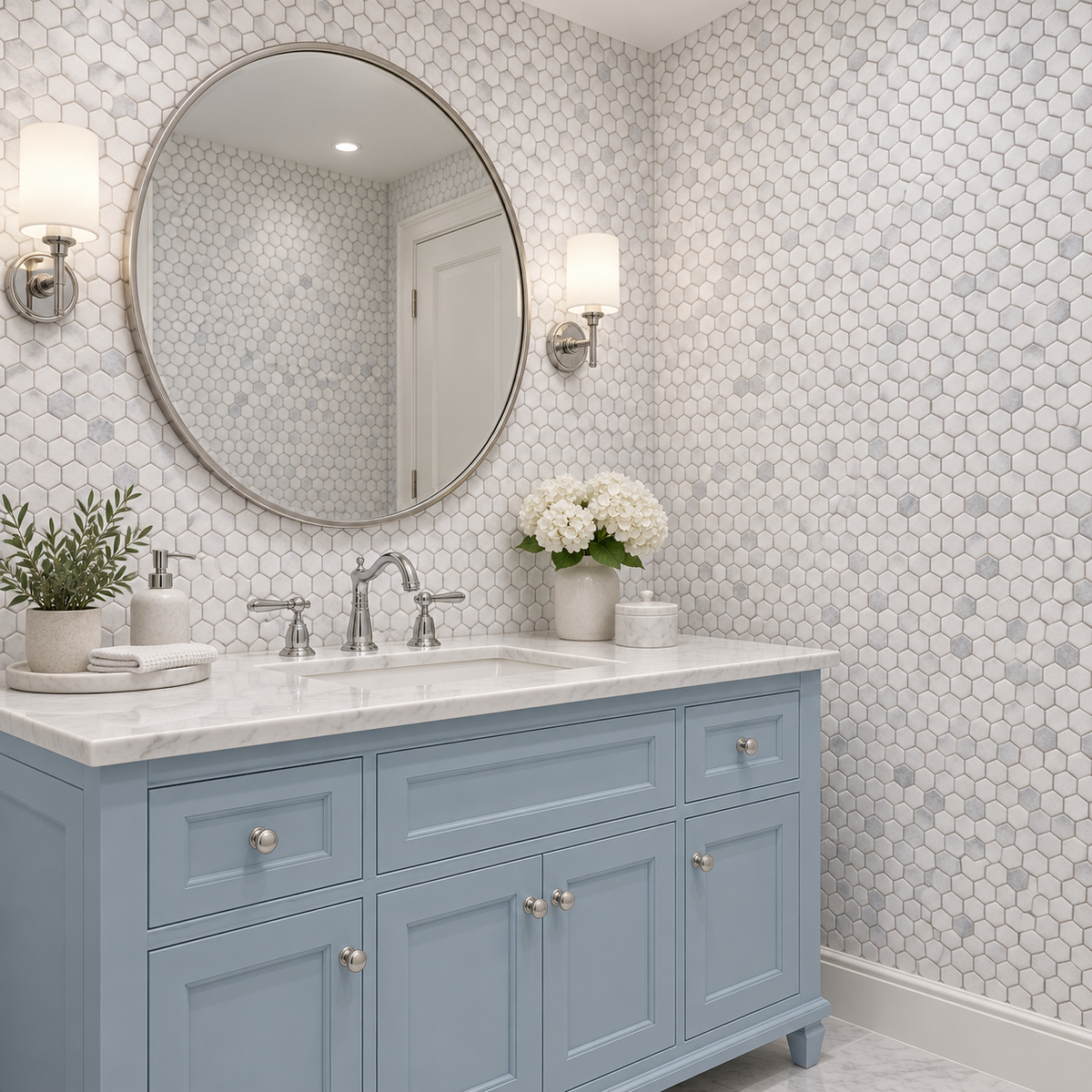 Carrara White Tumbled Marble Hexagon Mosaic Tile 23x23 — installed on a windowless bathroom feature wall