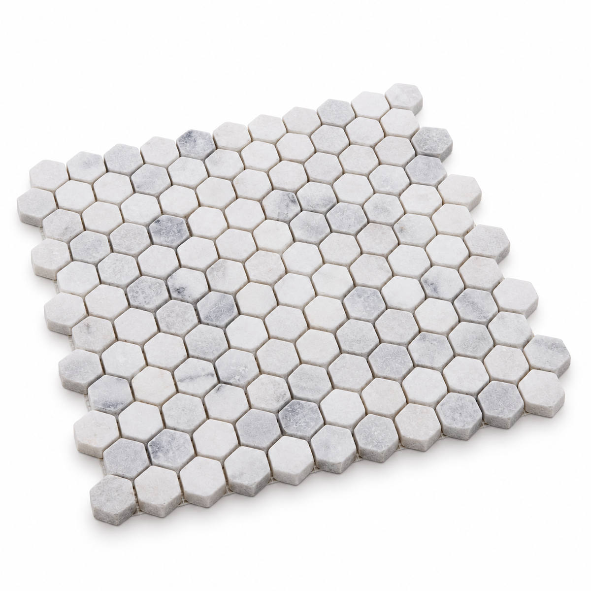 Carrara White Tumbled Marble Hexagon Mosaic Tile 23x23 — angled sheet showing 10 mm marble edges and mesh backing