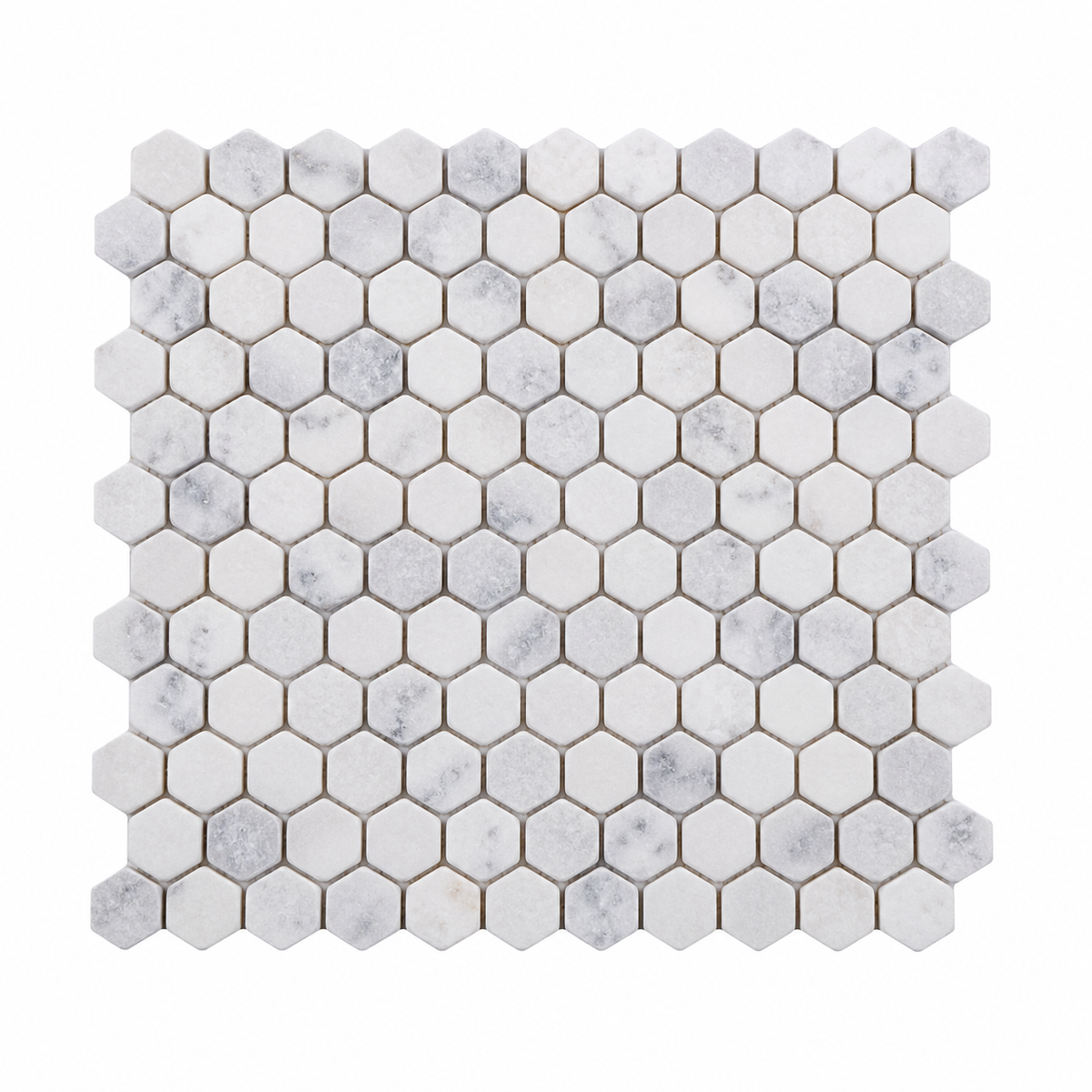 Carrara White Tumbled Marble Hexagon Mosaic Tile 23x23 — full mesh-backed sheet on a white background