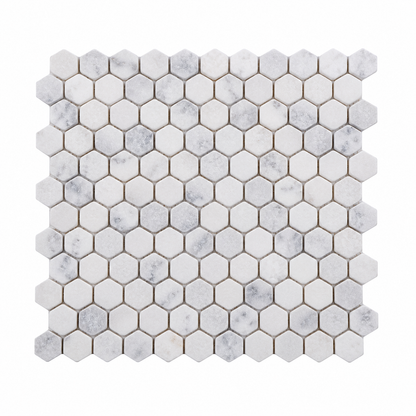 Carrara White Tumbled Marble Hexagon Mosaic Tile 23x23 — full mesh-backed sheet on a white background