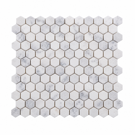 Carrara White Tumbled Marble Hexagon Mosaic Tile 23x23 — full mesh-backed sheet on a white background