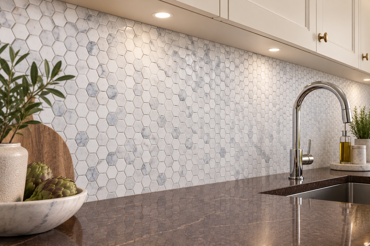 Carrara White Tumbled Marble Hexagon Mosaic Tile 23x23 — installed as a kitchen mosaic splashback