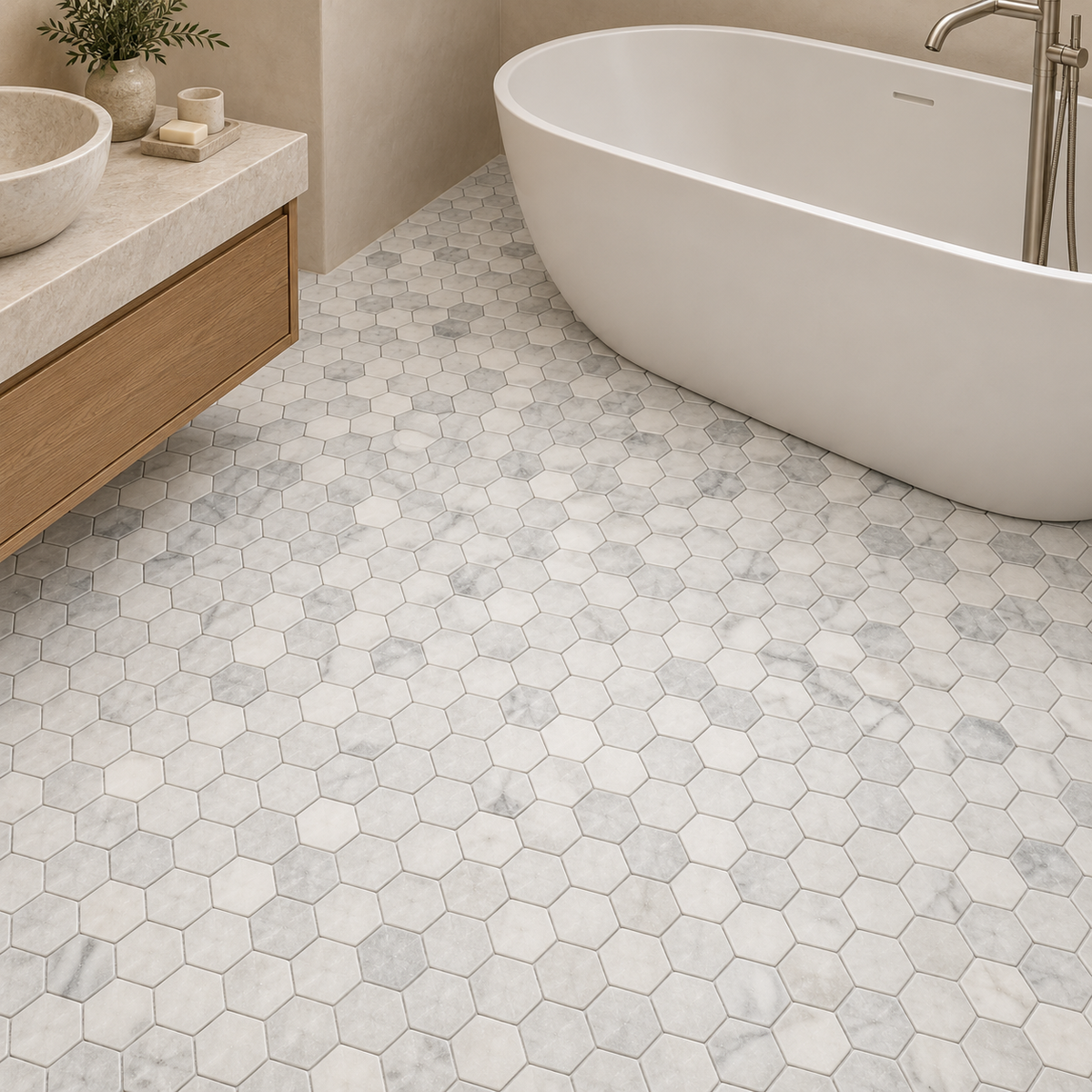 Carrara White Tumbled Marble Hexagon Mosaic Tile 48x48 — installed as bathroom mosaic flooring