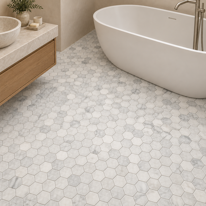 Carrara White Tumbled Marble Hexagon Mosaic Tile 48x48 — installed as bathroom mosaic flooring