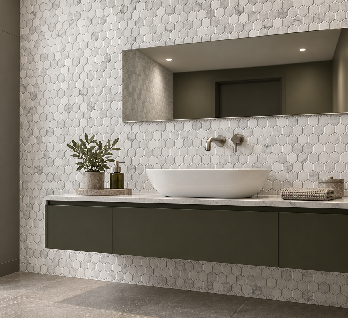 Carrara White Tumbled Marble Hexagon Mosaic Tile 48x48 — installed on a windowless bathroom feature wall