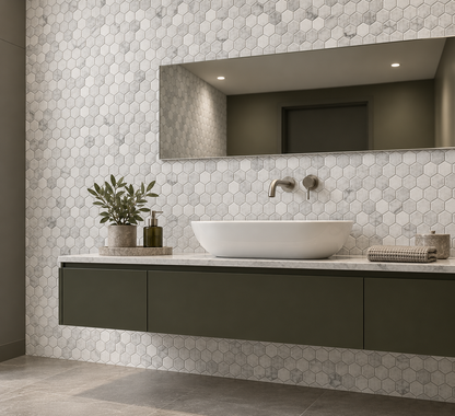 Carrara White Tumbled Marble Hexagon Mosaic Tile 48x48 — installed on a windowless bathroom feature wall