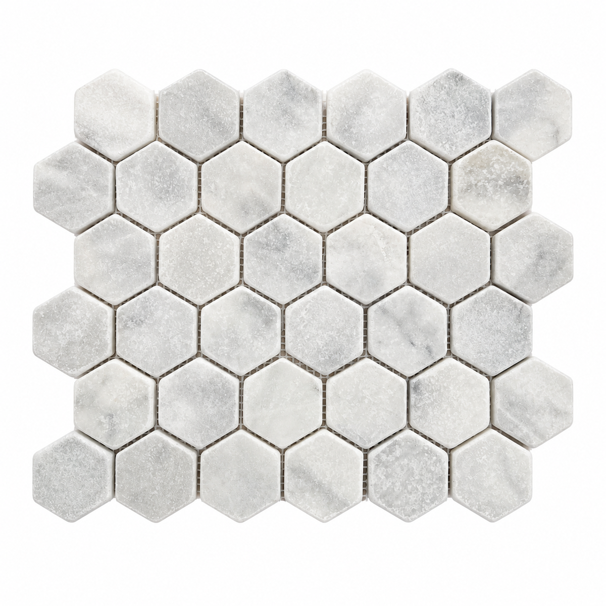 Carrara White Tumbled Marble Hexagon Mosaic Tile 48x48 — full mesh-backed sheet on a white background