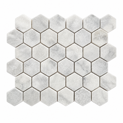 Carrara White Tumbled Marble Hexagon Mosaic Tile 48x48 — full mesh-backed sheet on a white background