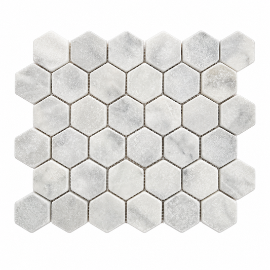 Carrara White Tumbled Marble Hexagon Mosaic Tile 48x48 — full mesh-backed sheet on a white background