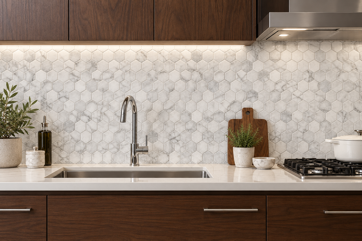 Carrara White Tumbled Marble Hexagon Mosaic Tile 48x48 — installed as a kitchen mosaic splashback