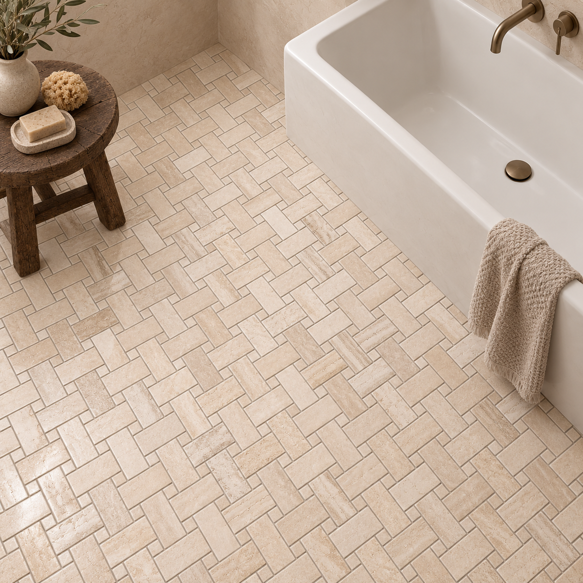 Classic Polished Travertine Basket Weave Mosaic Tile — installed as bathroom mosaic flooring