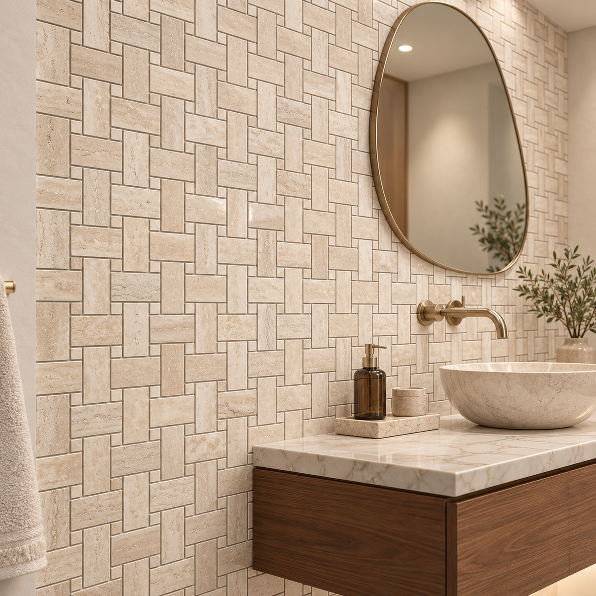 Classic Polished Travertine Basket Weave Mosaic Tile — installed on a windowless bathroom feature wall
