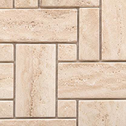 Classic Polished Travertine Basket Weave Mosaic Tile — macro close-up of natural stone texture and mosaic detail
