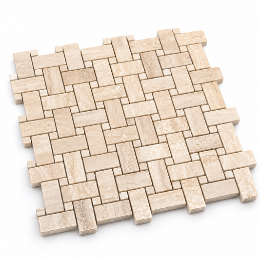 Classic Polished Travertine Basket Weave Mosaic Tile — angled view of natural stone edges and mesh backing