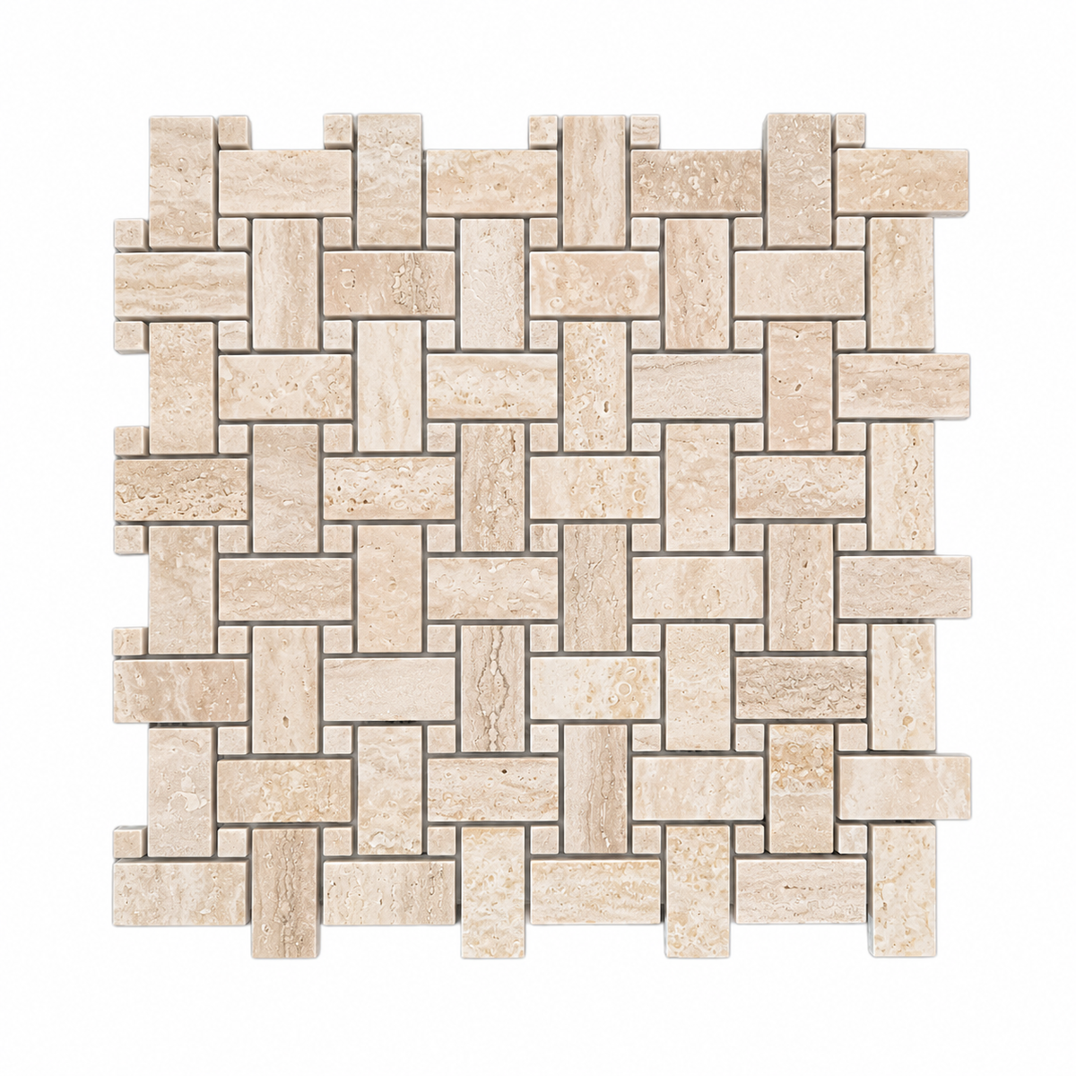 Classic Polished Travertine Basket Weave Mosaic Tile — full mesh-backed sheet on a white background