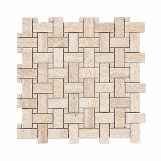 Classic Polished Travertine Basket Weave Mosaic Tile — full mesh-backed sheet on a white background