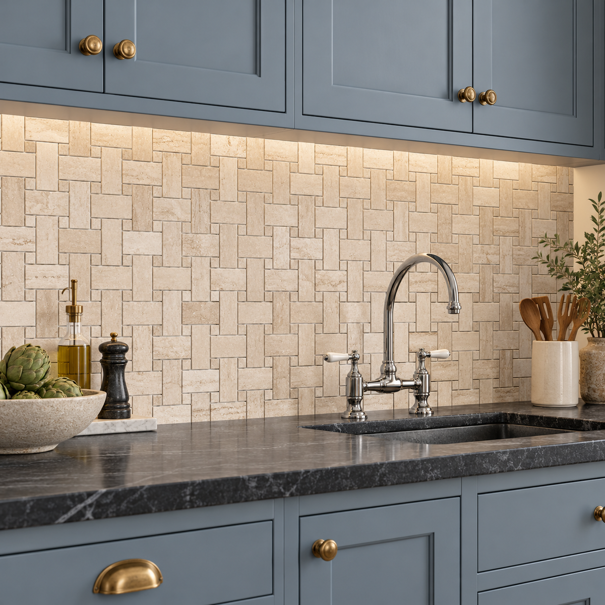Classic Polished Travertine Basket Weave Mosaic Tile — installed as a kitchen mosaic splashback