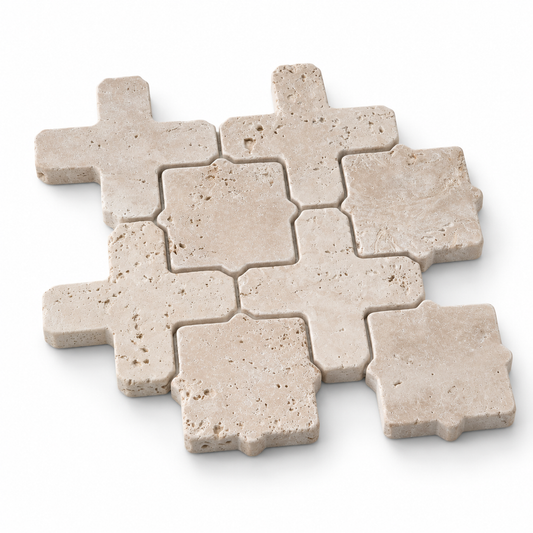 Classic Tumbled Travertine Casablanca Mosaic Tiles — angled view of natural stone edges and mesh backing