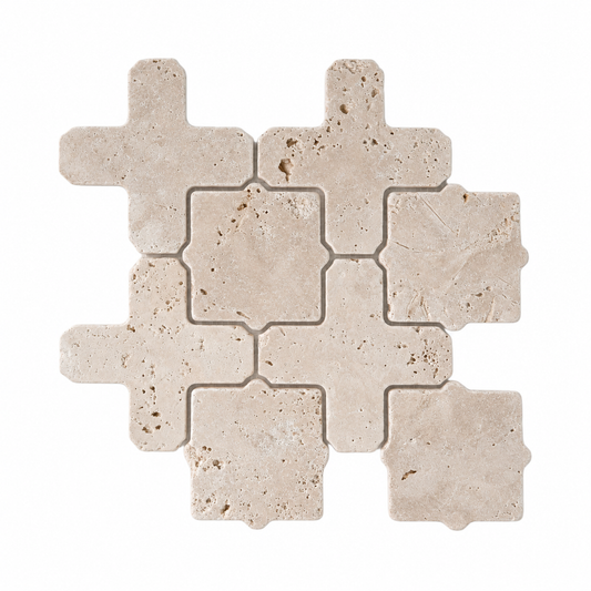 Classic Tumbled Travertine Casablanca Mosaic Tiles — full mesh-backed sheet on a white background