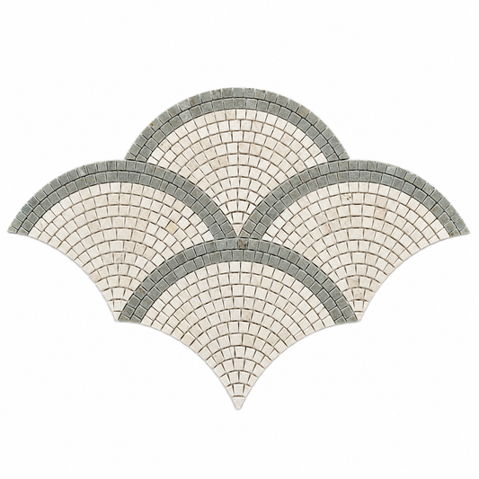 Creamy Beige - Rustic Green Fan / Scallop Honed Limestone Mosaic Tile — full mesh-backed sheet on a white background