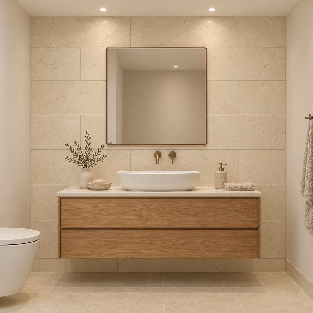 Crema Marfil Premium Honed Cream Marble tiles: installed on a bathroom vanity wall