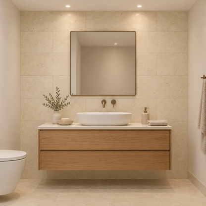 Crema Marfil Premium Honed Cream Marble tiles: installed on a bathroom vanity wall
