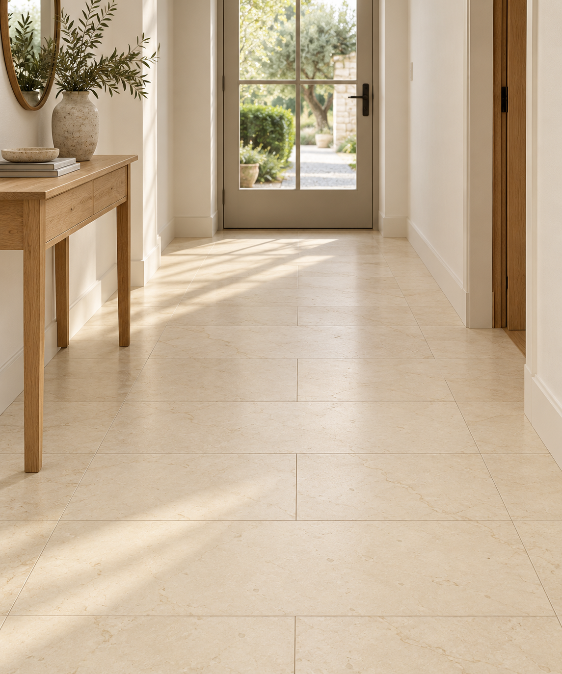 Crema Marfil Premium Honed Cream Marble tiles: installed on an entrance hallway floor