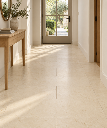 Crema Marfil Premium Honed Cream Marble tiles: installed on an entrance hallway floor