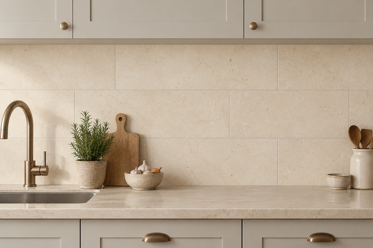 Crema Marfil Premium Honed Cream Marble tiles: installed as a kitchen splashback