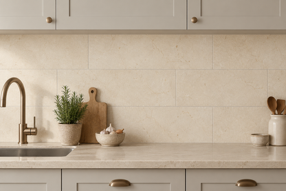 Crema Marfil Premium Honed Cream Marble tiles: installed as a kitchen splashback