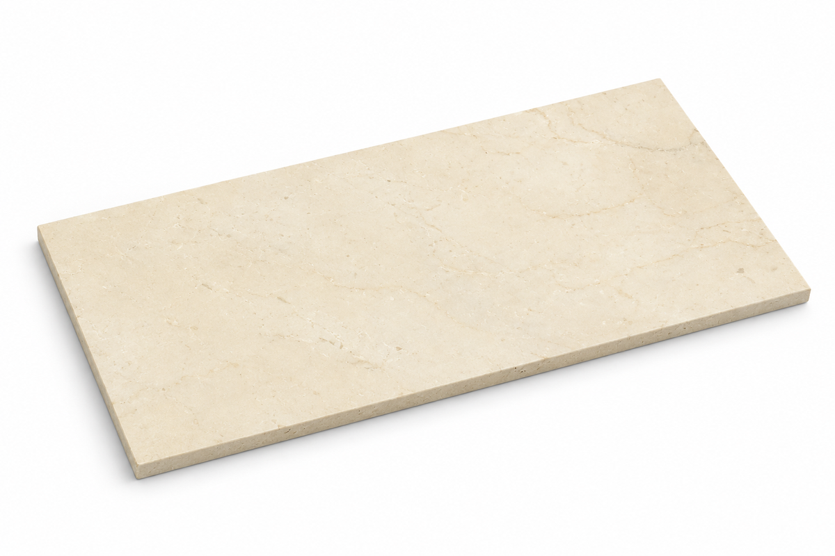 Crema Marfil Premium Honed Cream Marble tiles: angled view showing the stone face and thin raw sawn edges