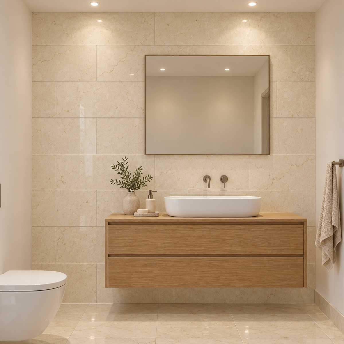 Crema Marfil Premium Polished Marble tiles: installed on a bathroom vanity wall