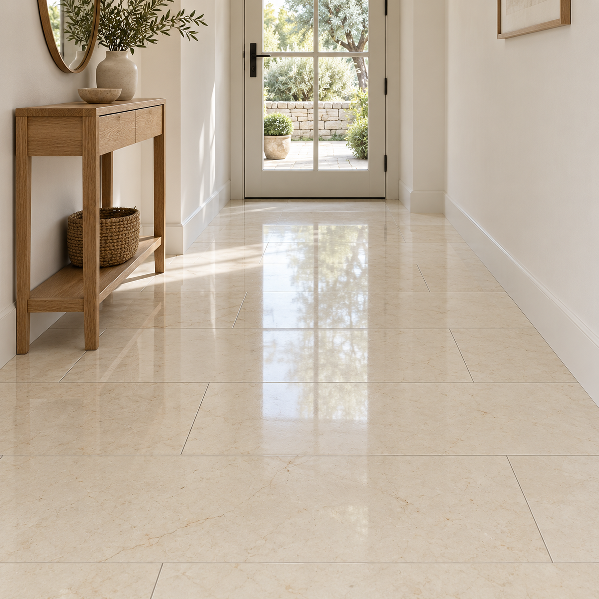 Crema Marfil Premium Polished Marble tiles: installed on an entrance hallway floor