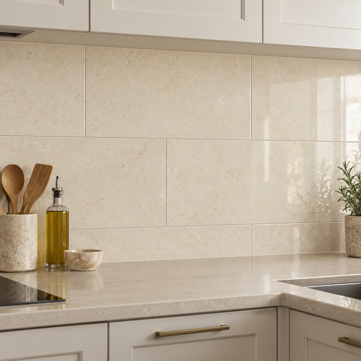 Crema Marfil Premium Polished Marble tiles: installed as a kitchen splashback