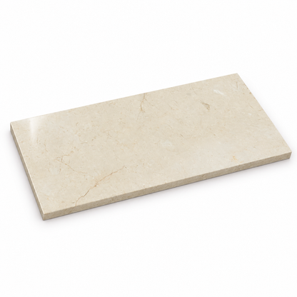 Crema Marfil Premium Polished Marble tiles: angled view showing the stone face and thin raw sawn edges