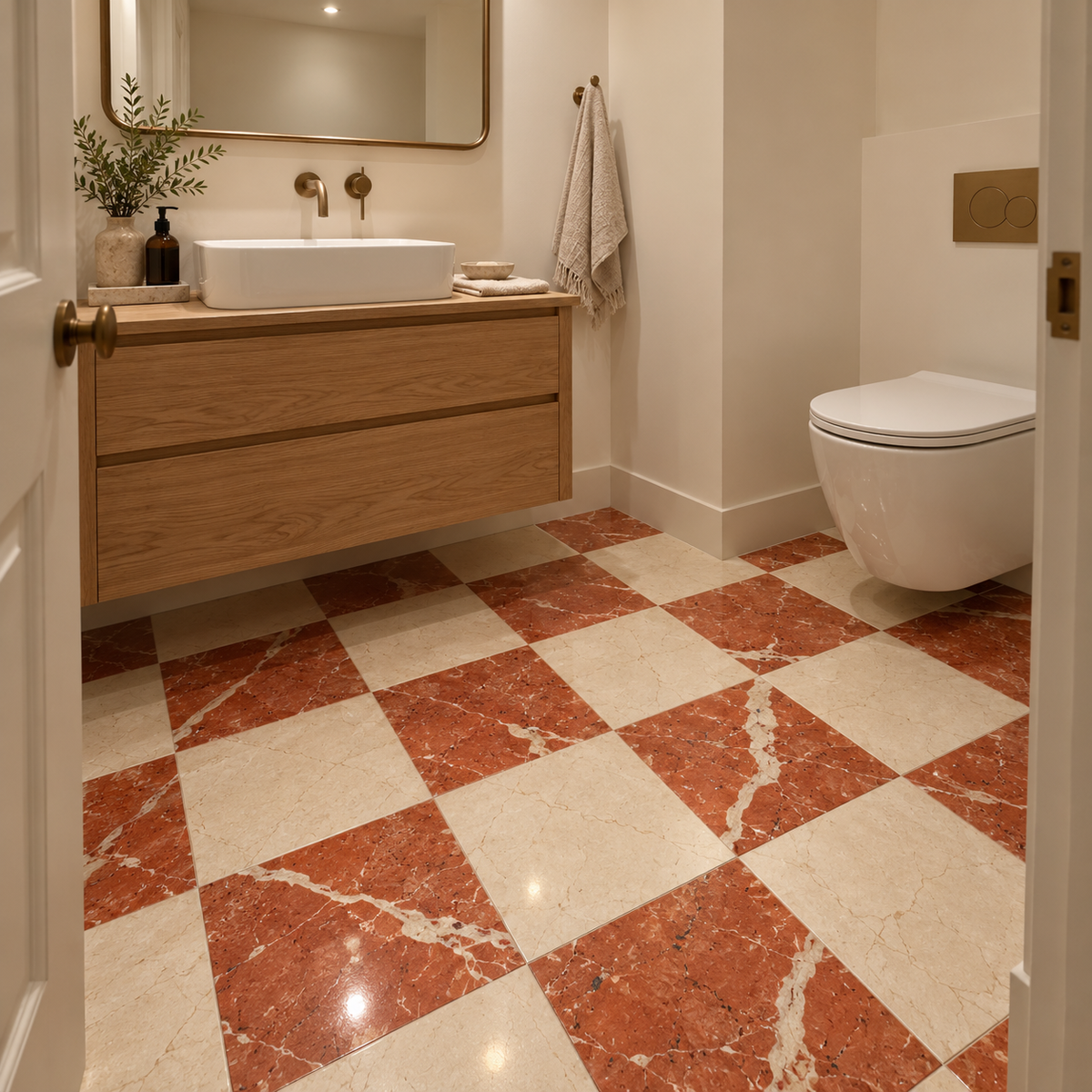 Crema Marfil - Rojo Alicante Polished Chequerboard tiles: installed on a bathroom floor