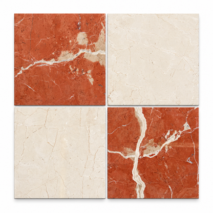Crema Marfil - Rojo Alicante Polished Chequerboard tiles: front view showing alternating cream and red polished marble tiles