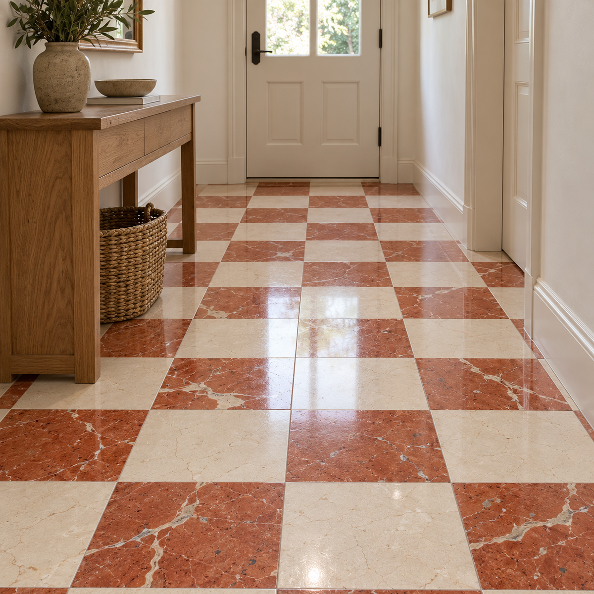 Crema Marfil - Rojo Alicante Polished Chequerboard tiles: installed on an entrance hallway floor