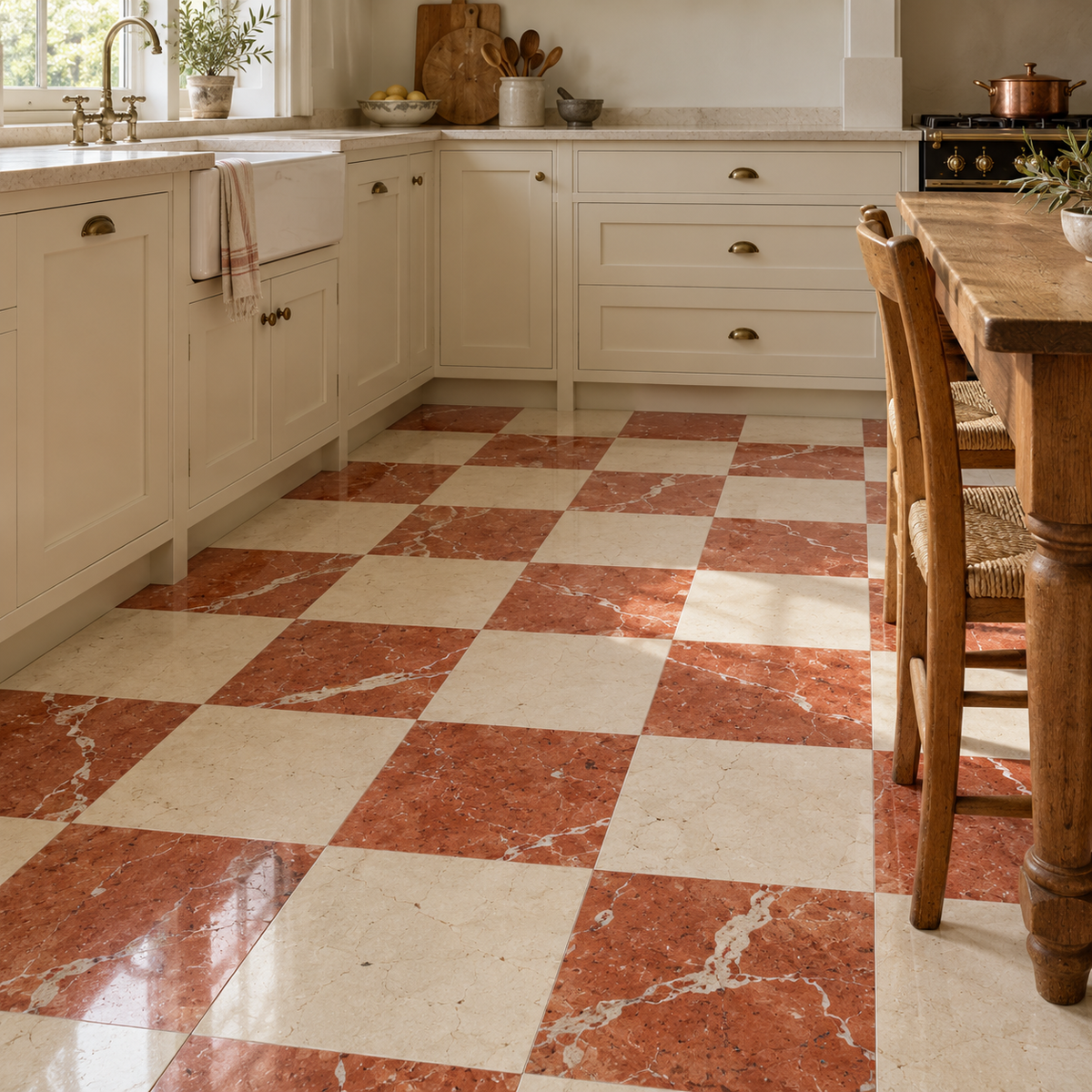Crema Marfil - Rojo Alicante Polished Chequerboard tiles: installed on a kitchen floor