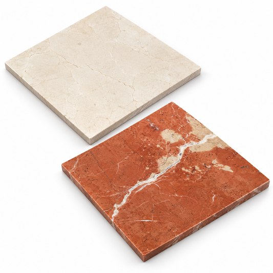 Crema Marfil - Rojo Alicante Polished Chequerboard tiles: angled view showing the stone face and thin raw sawn edges