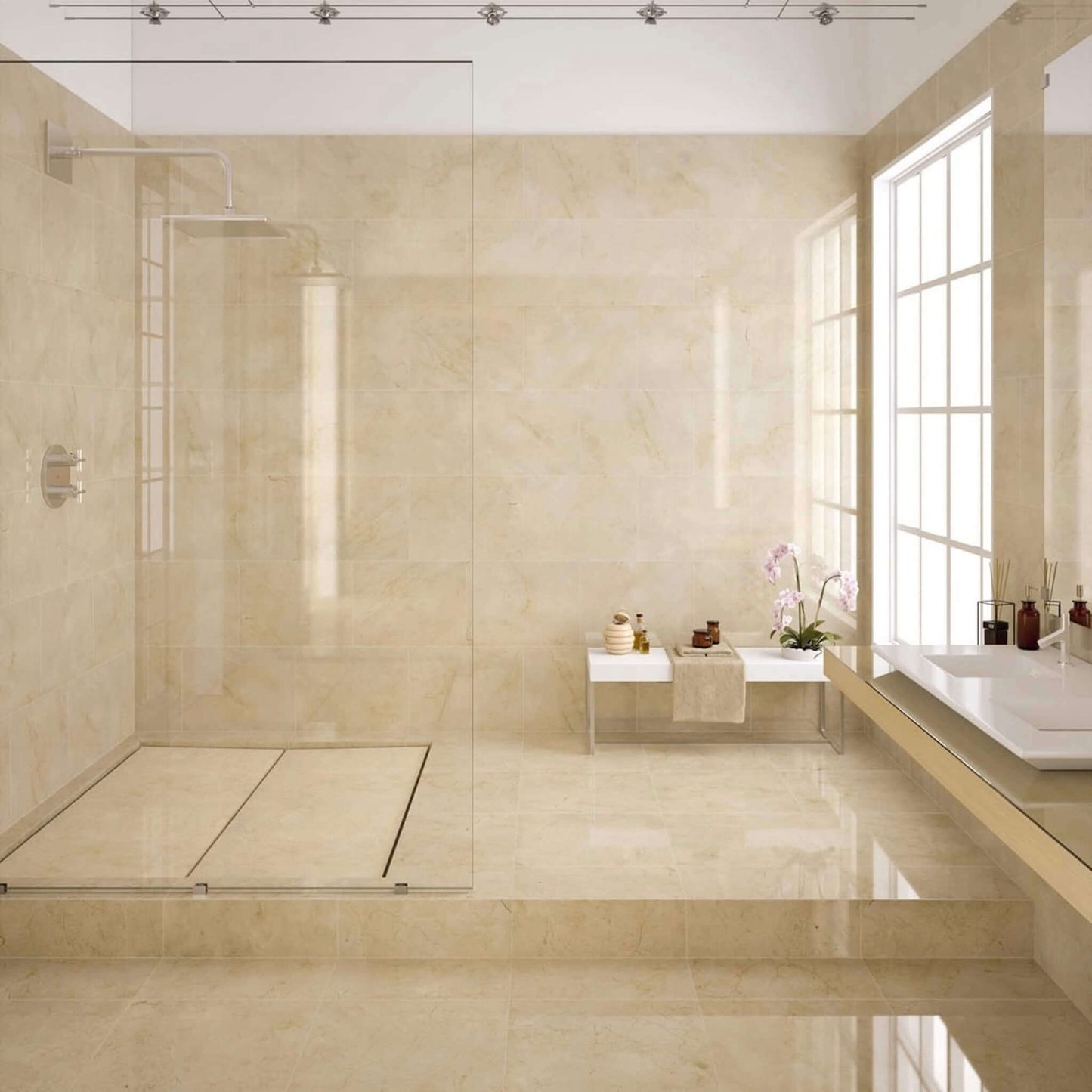 Crema Marfil Premium Polished Wall & Floor Tiles Bathroom Installation