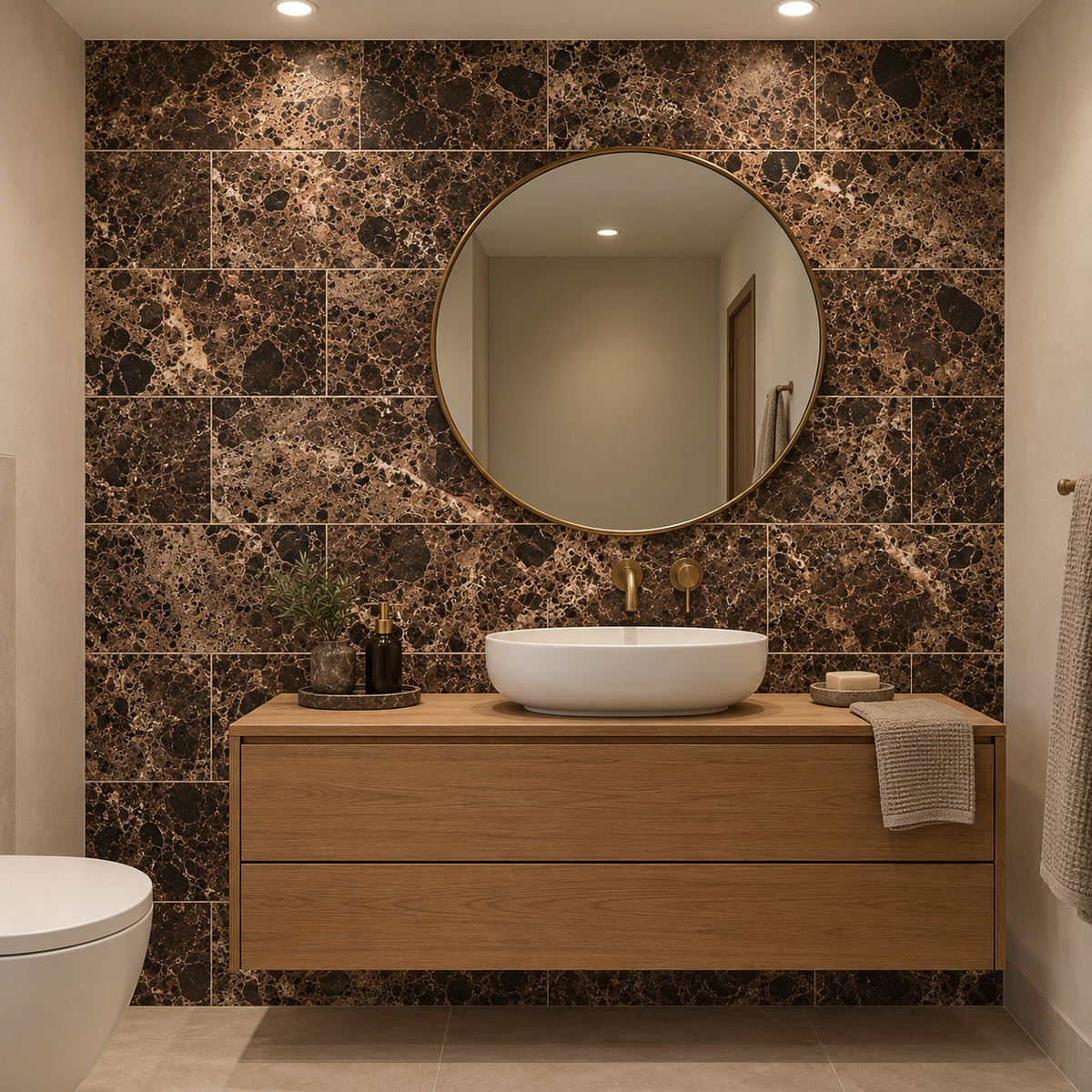 Dark Emperador Premium Brushed Brown Marble tiles: installed on a bathroom vanity wall