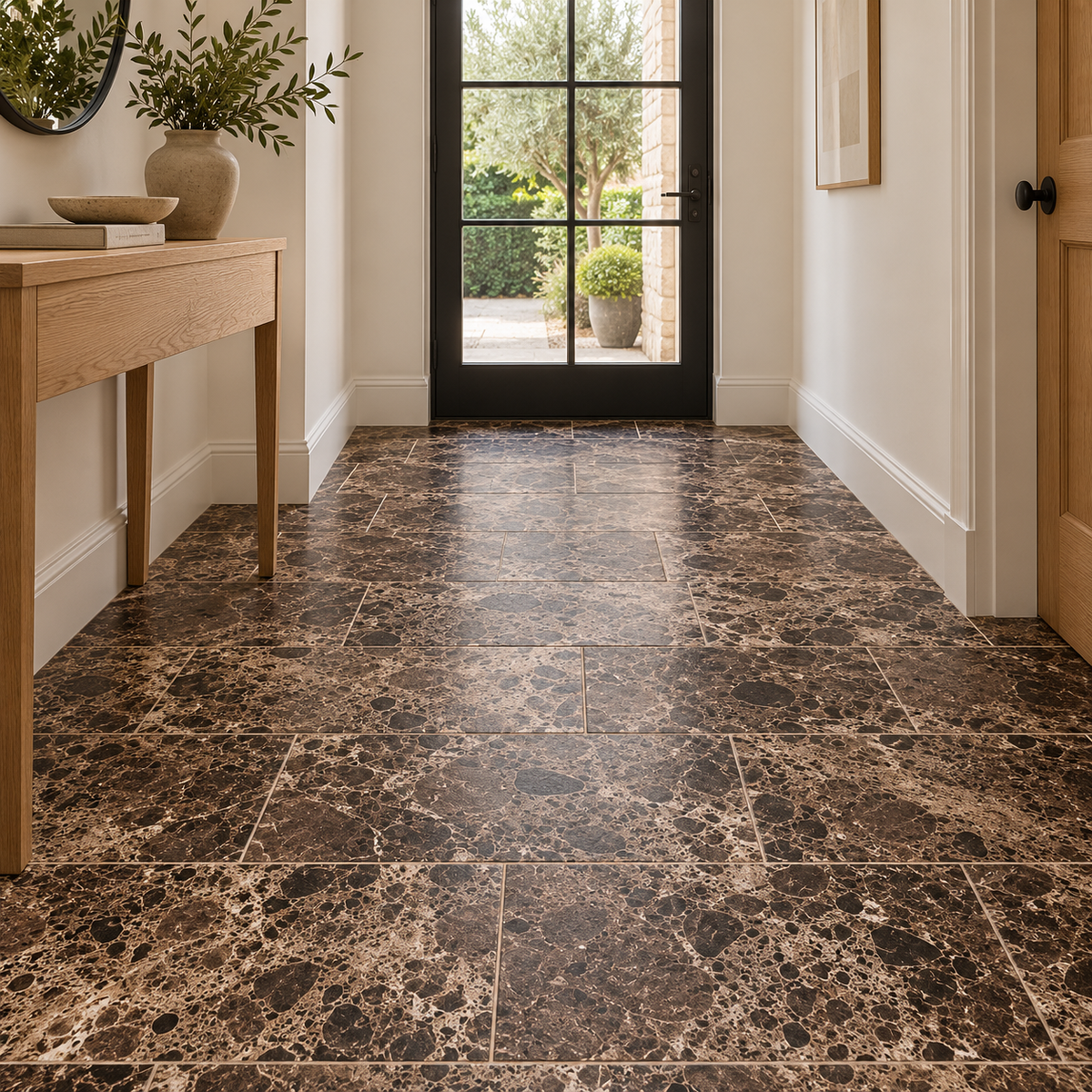 Dark Emperador Premium Brushed Brown Marble tiles: installed on an entrance hallway floor