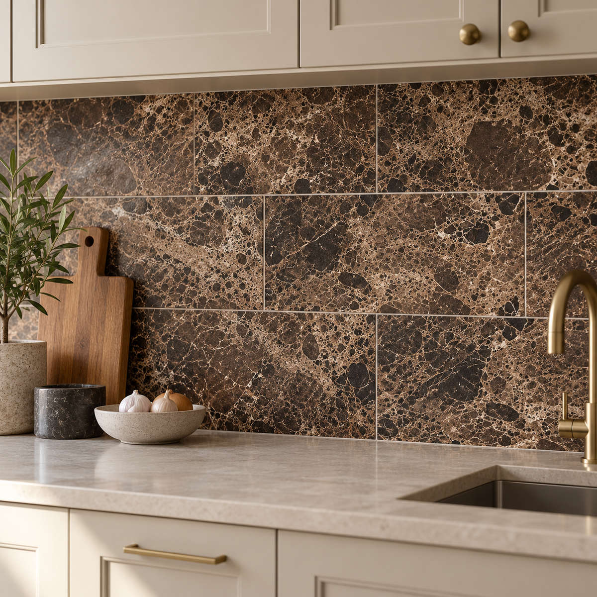 Dark Emperador Premium Brushed Brown Marble tiles: installed as a kitchen splashback