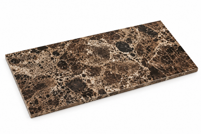 Dark Emperador Premium Brushed Brown Marble tiles: angled view showing the stone face and thin raw sawn edges