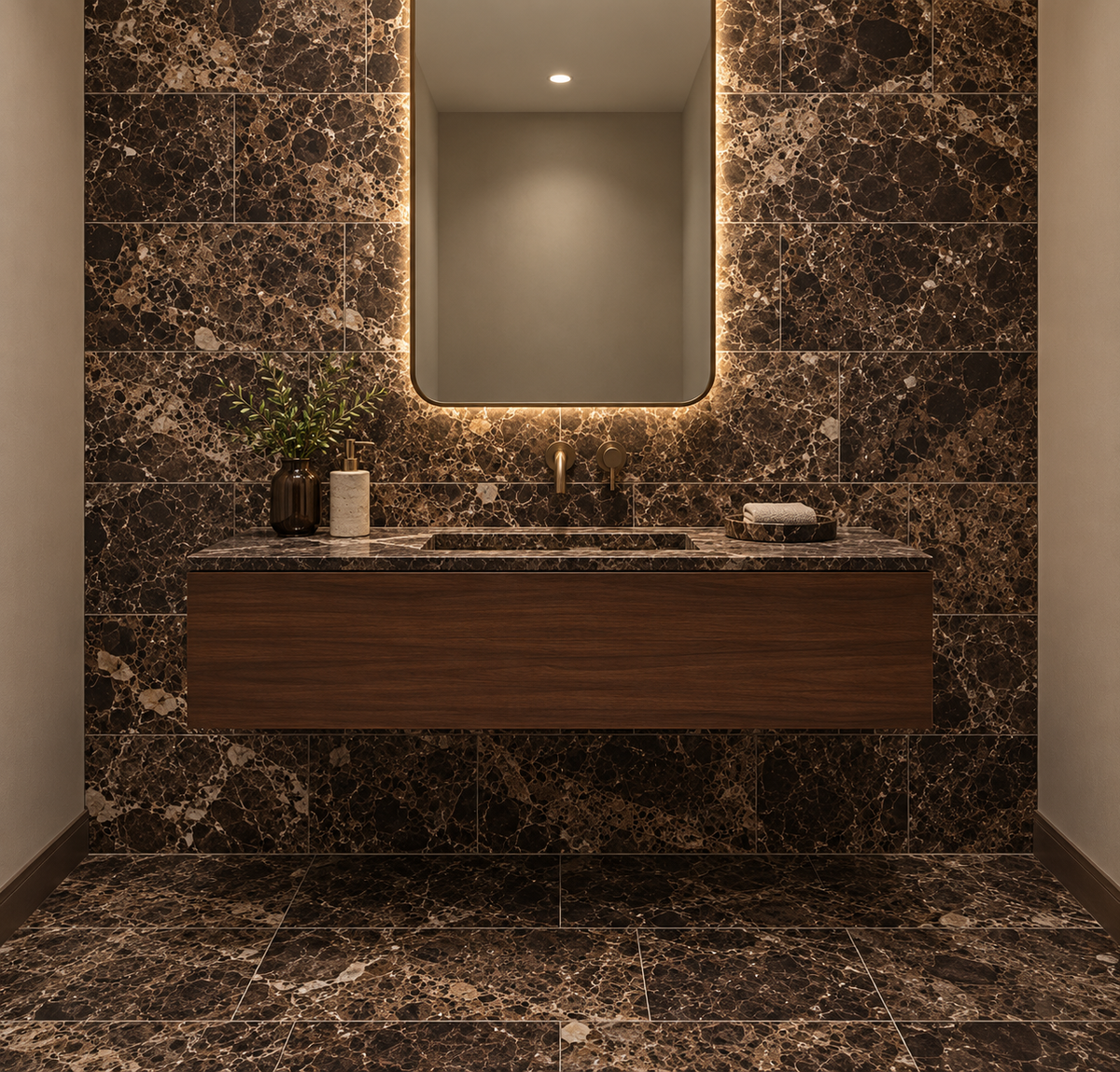 Dark Emperador Premium Honed Brown Marble Wall & Floor Tiles: installed on a windowless bathroom vanity wall